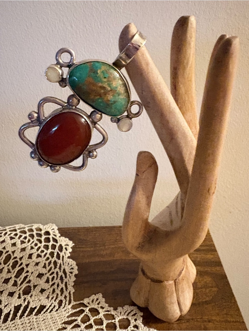 Sterling Silver Turquoise and Carnelian Pendant Necklace - Green and Red